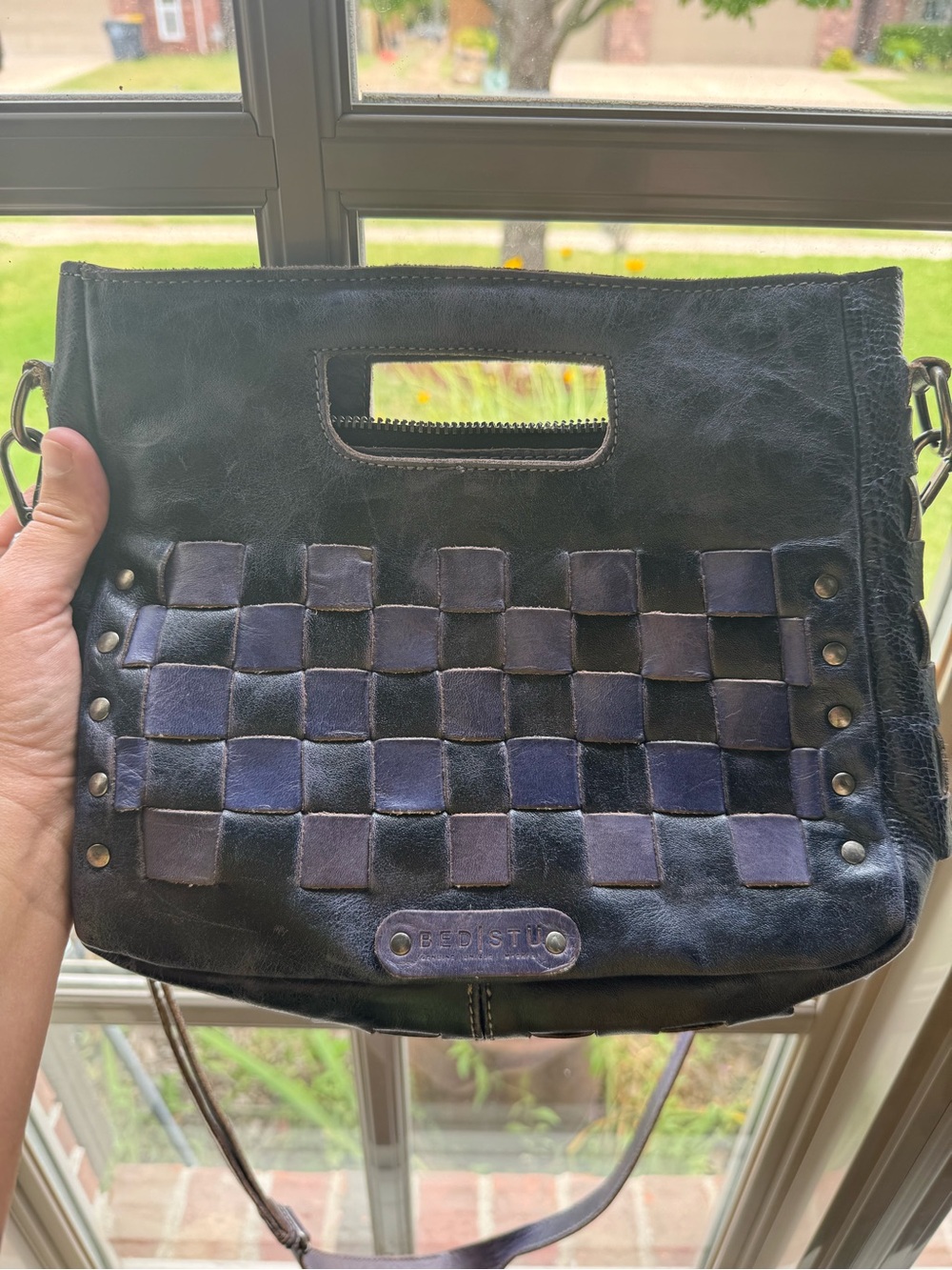 Bed Stu Blue Purple Orchid Woven Leather Crossbody with Distressed Finish - Picture 3 of 9
